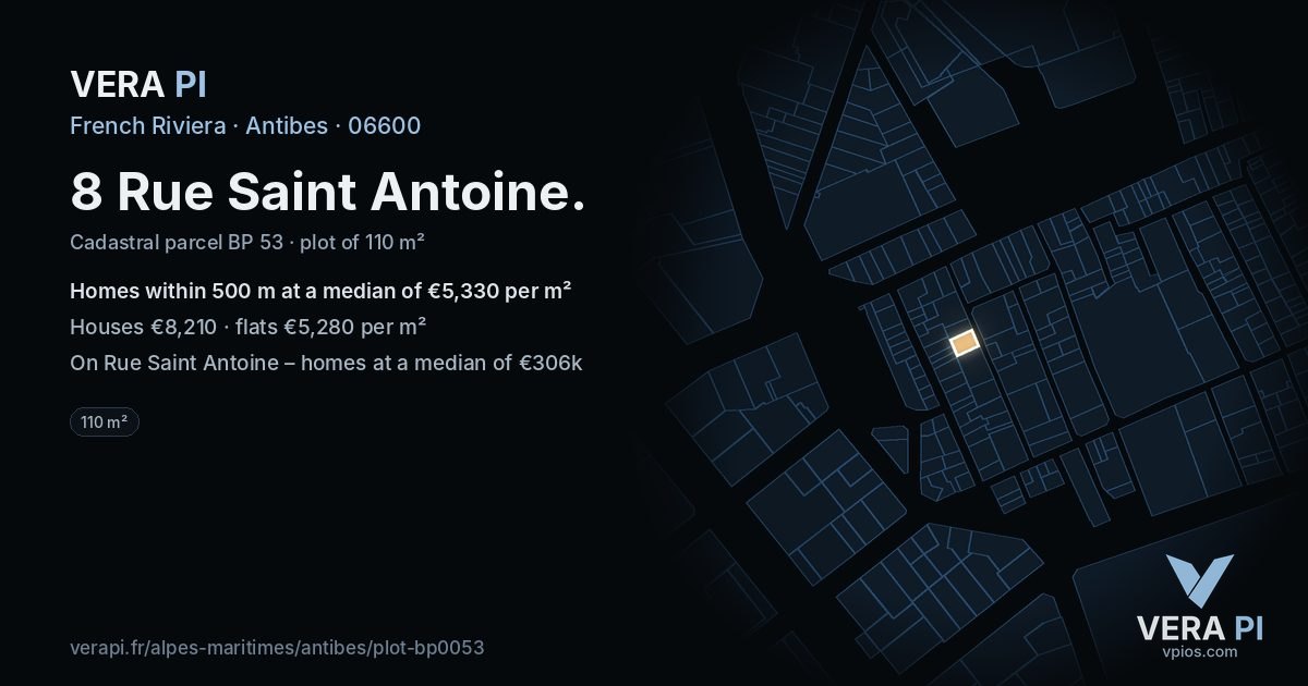 8 Rue Saint Antoine, Antibes at night – the plot lit, the parcels around coloured by the prices near them