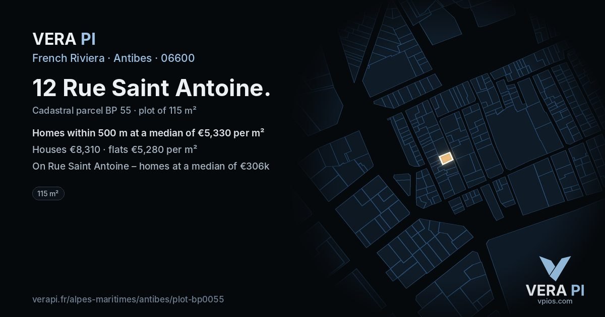 12 Rue Saint Antoine, Antibes at night – the plot lit, the parcels around coloured by the prices near them
