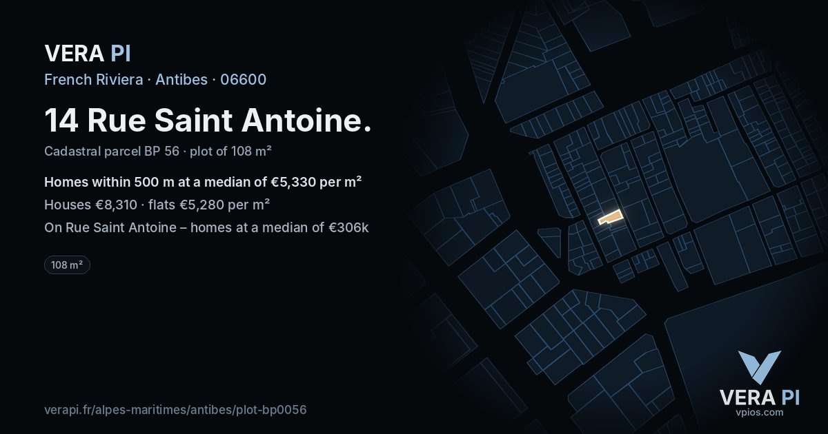 14 Rue Saint Antoine, Antibes at night – the plot lit, the parcels around coloured by the prices near them