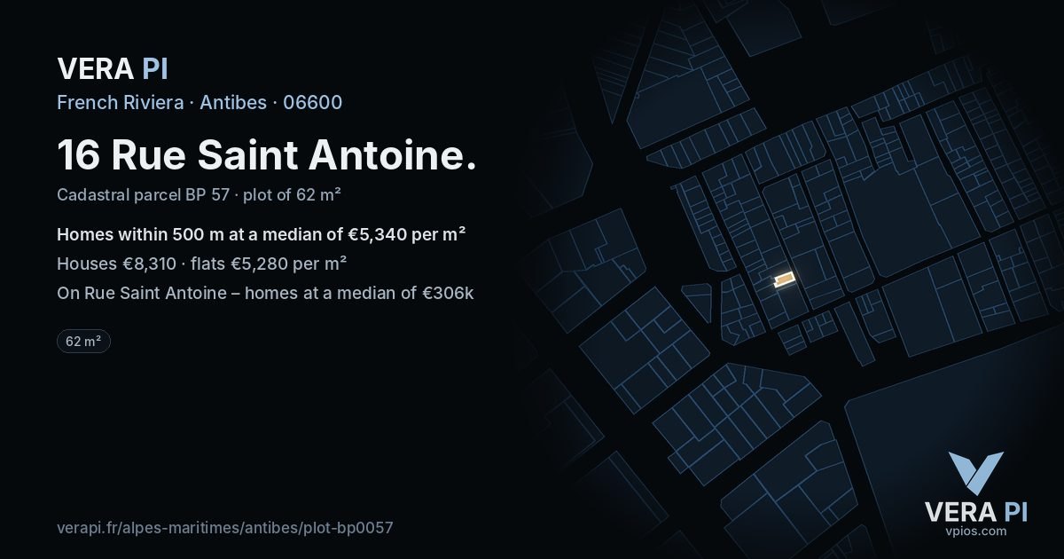16 Rue Saint Antoine, Antibes at night – the plot lit, the parcels around coloured by the prices near them