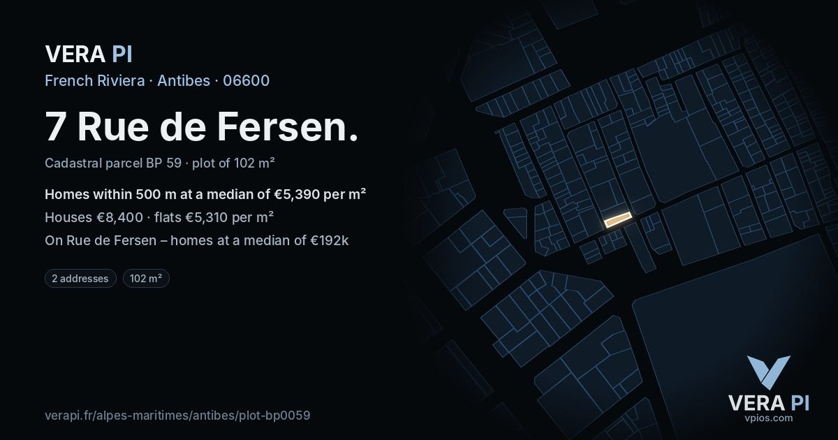 7 Rue de Fersen, Antibes at night – the plot lit, the parcels around coloured by the prices near them