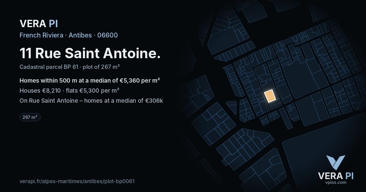 11 Rue Saint Antoine, Antibes at night – the plot lit, the parcels around coloured by the prices near them