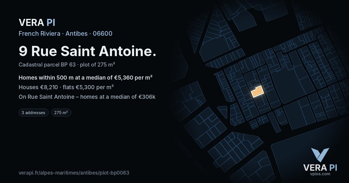 9 Rue Saint Antoine, Antibes at night – the plot lit, the parcels around coloured by the prices near them