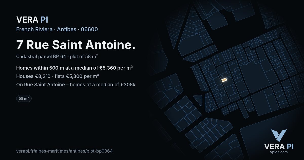 7 Rue Saint Antoine, Antibes at night – the plot lit, the parcels around coloured by the prices near them