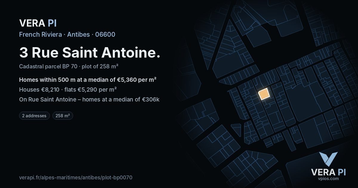 3 Rue Saint Antoine, Antibes at night – the plot lit, the parcels around coloured by the prices near them