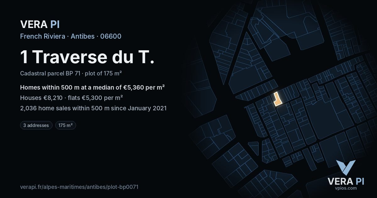 1 Traverse du T, Antibes at night – the plot lit, the parcels around coloured by the prices near them