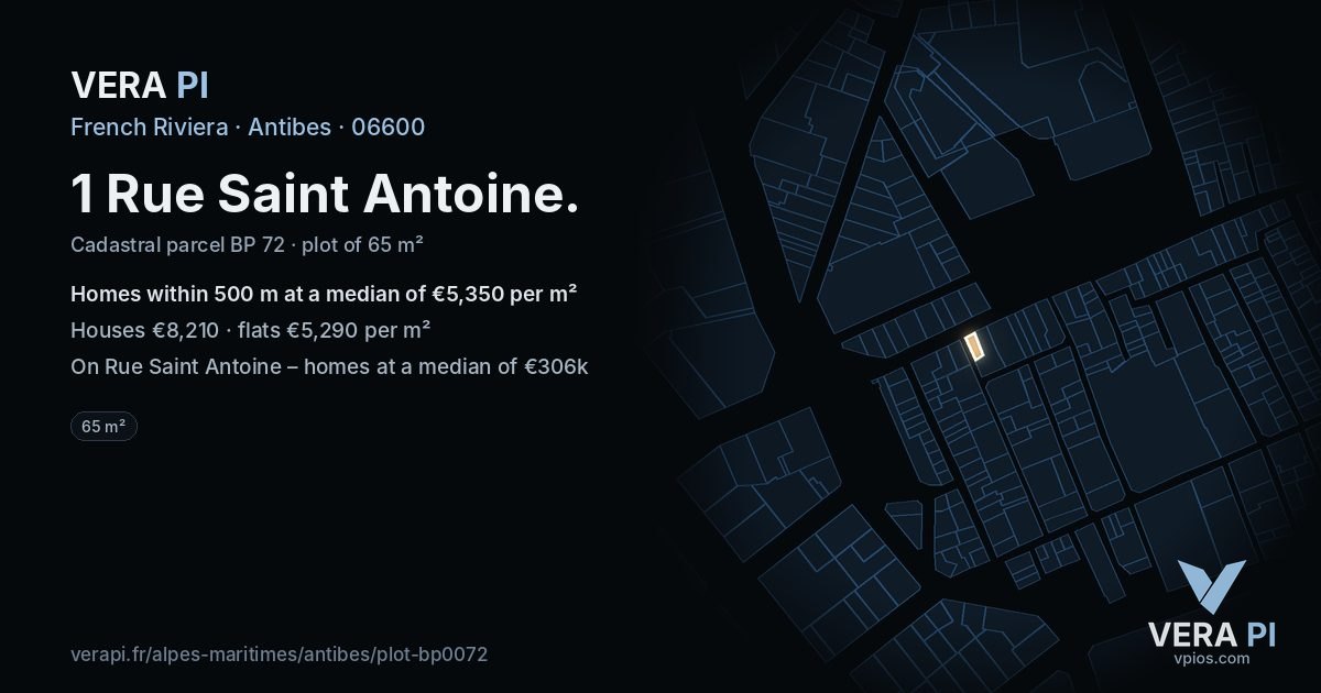 1 Rue Saint Antoine, Antibes at night – the plot lit, the parcels around coloured by the prices near them