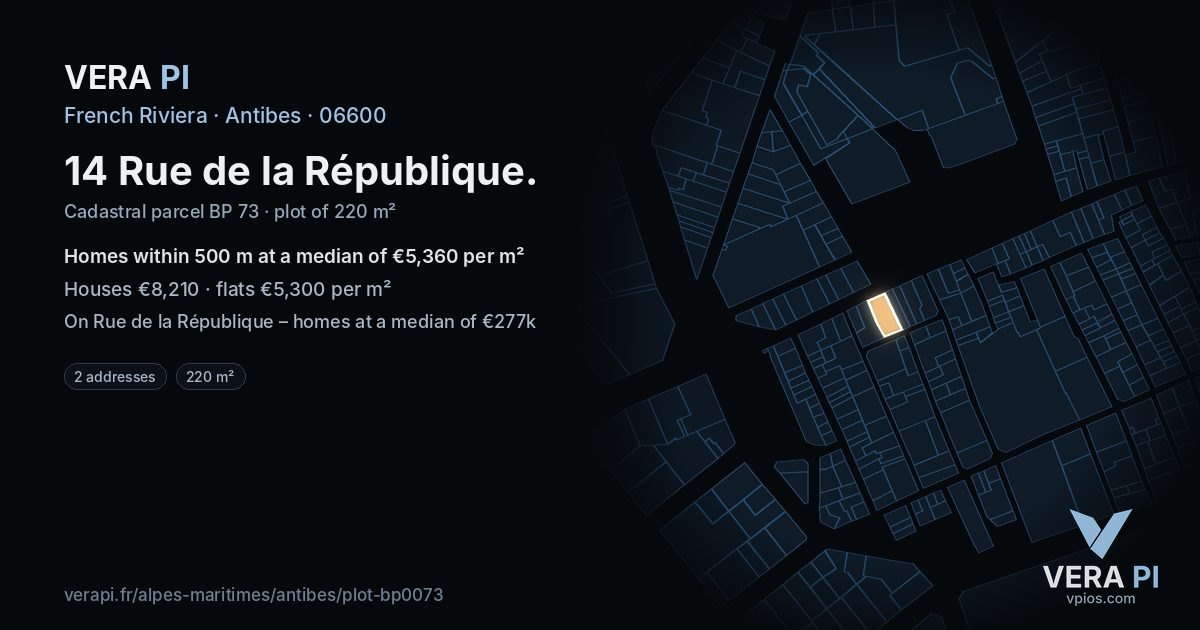 14 Rue de la République, Antibes at night – the plot lit, the parcels around coloured by the prices near them