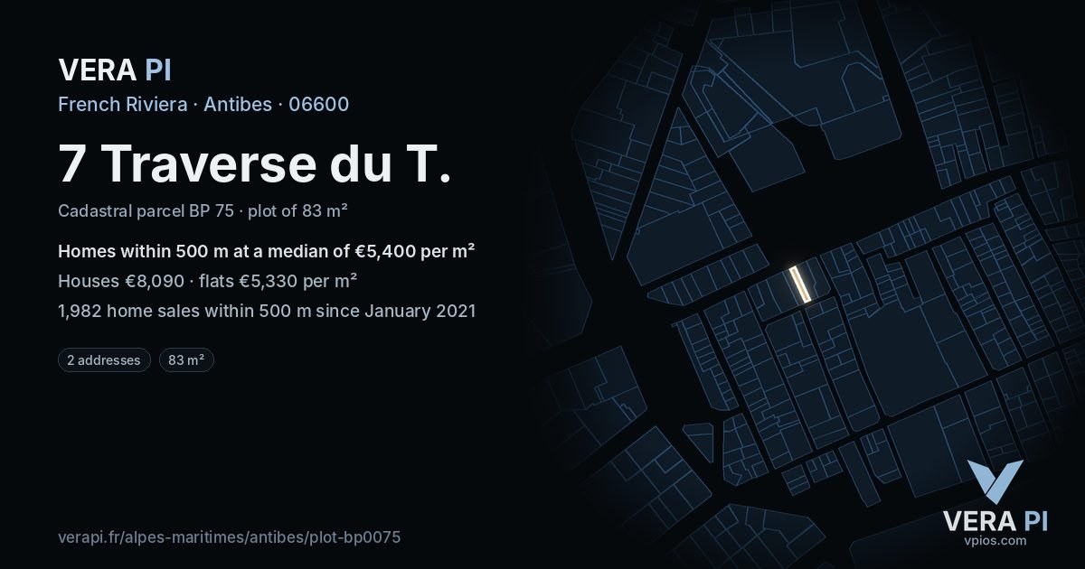7 Traverse du T, Antibes at night – the plot lit, the parcels around coloured by the prices near them