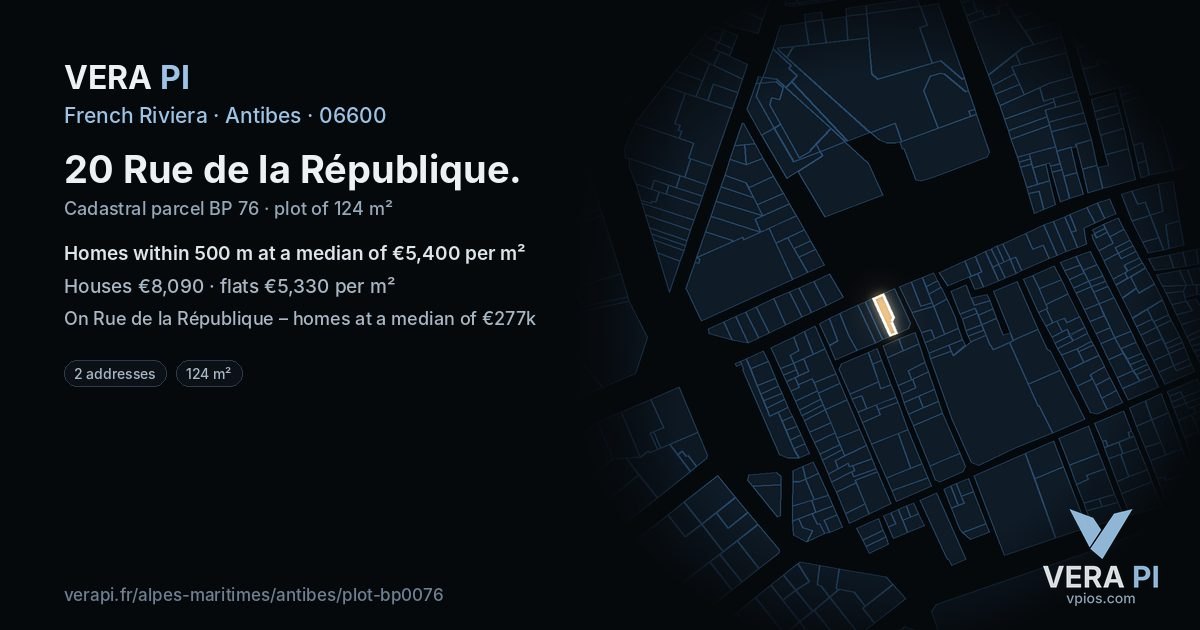 20 Rue de la République, Antibes at night – the plot lit, the parcels around coloured by the prices near them