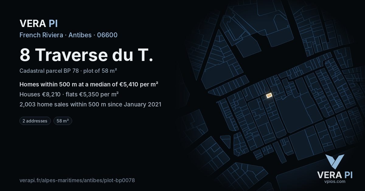8 Traverse du T, Antibes at night – the plot lit, the parcels around coloured by the prices near them