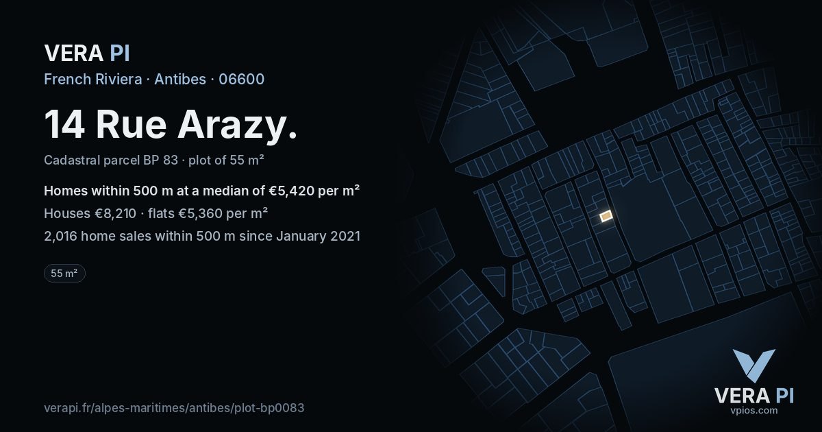 14 Rue Arazy, Antibes at night – the plot lit, the parcels around coloured by the prices near them
