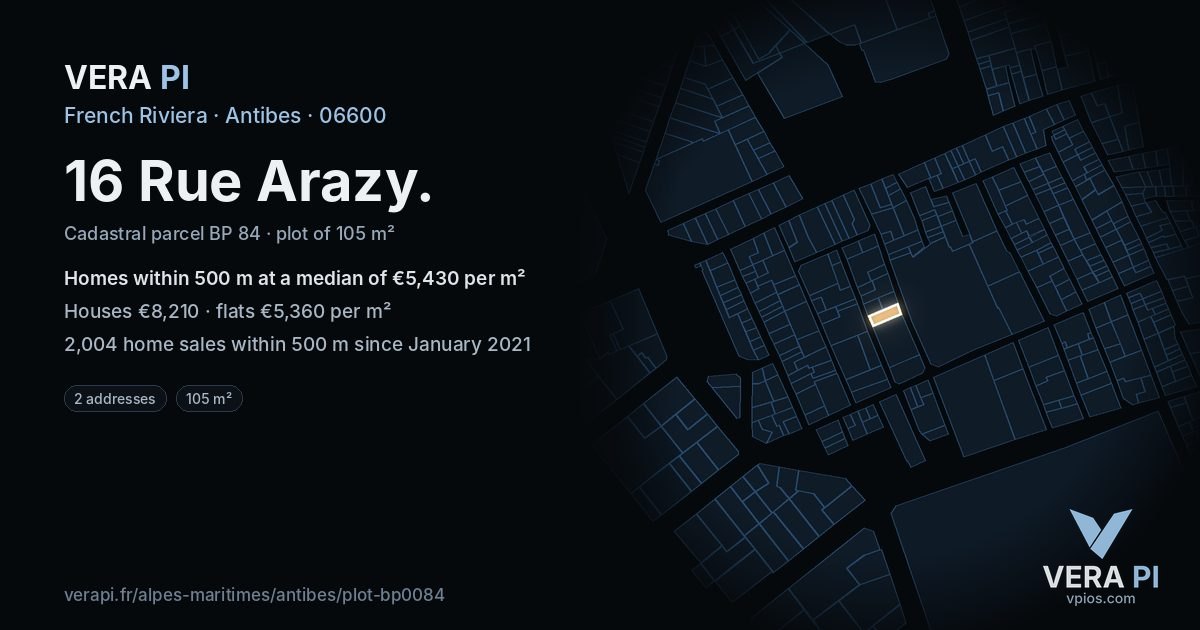 16 Rue Arazy, Antibes at night – the plot lit, the parcels around coloured by the prices near them