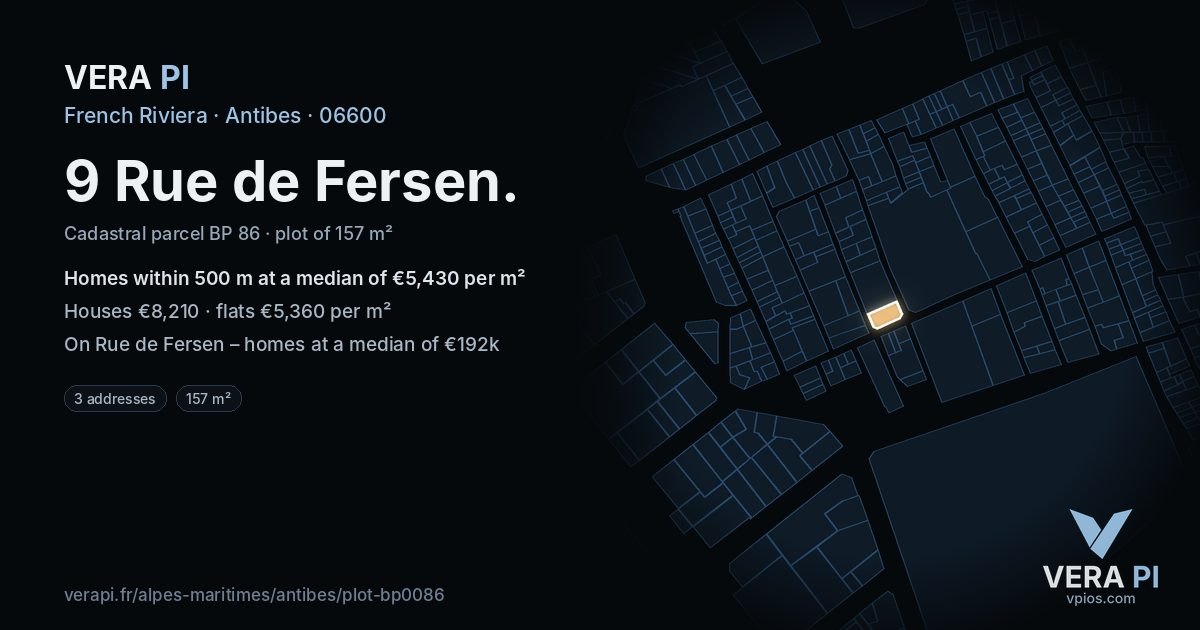 9 Rue de Fersen, Antibes at night – the plot lit, the parcels around coloured by the prices near them