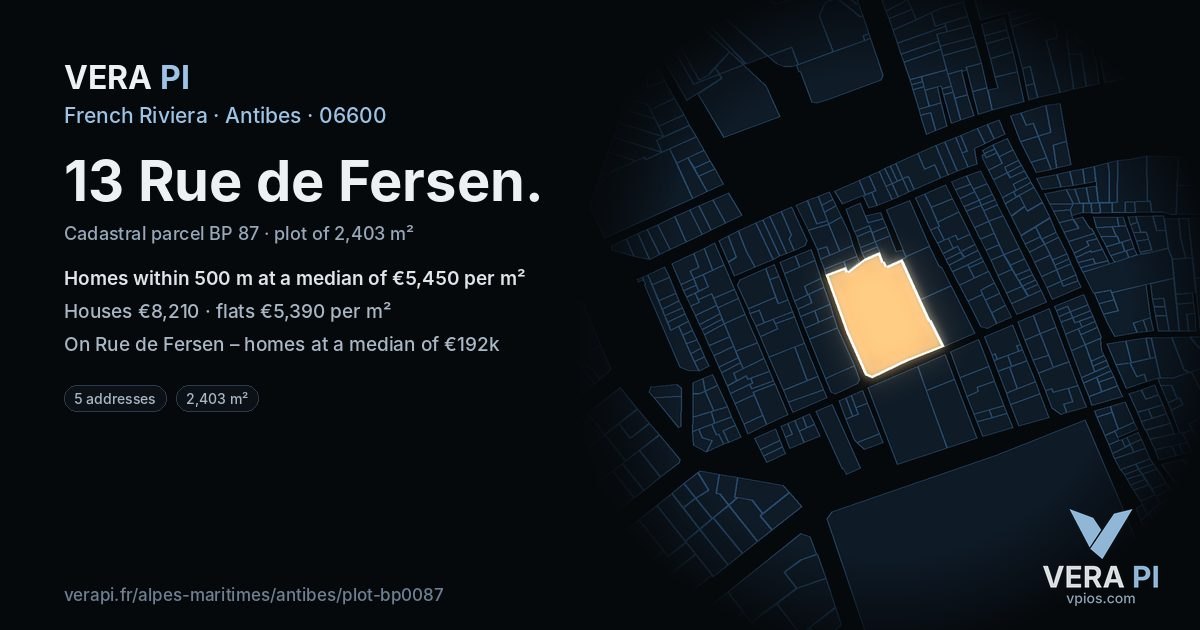 13 Rue de Fersen, Antibes at night – the plot lit, the parcels around coloured by the prices near them