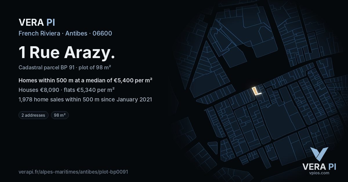 1 Rue Arazy, Antibes at night – the plot lit, the parcels around coloured by the prices near them