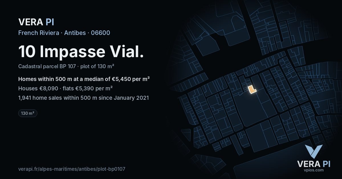 10 Impasse Vial, Antibes at night – the plot lit, the parcels around coloured by the prices near them