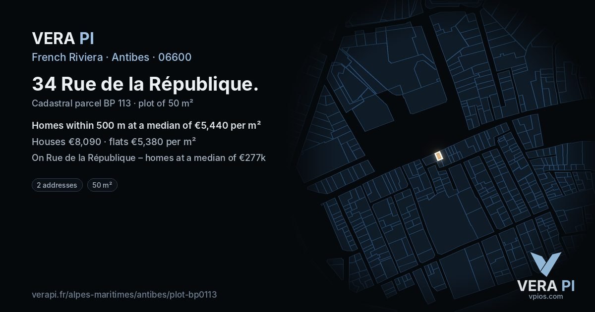 34 Rue de la République, Antibes at night – the plot lit, the parcels around coloured by the prices near them