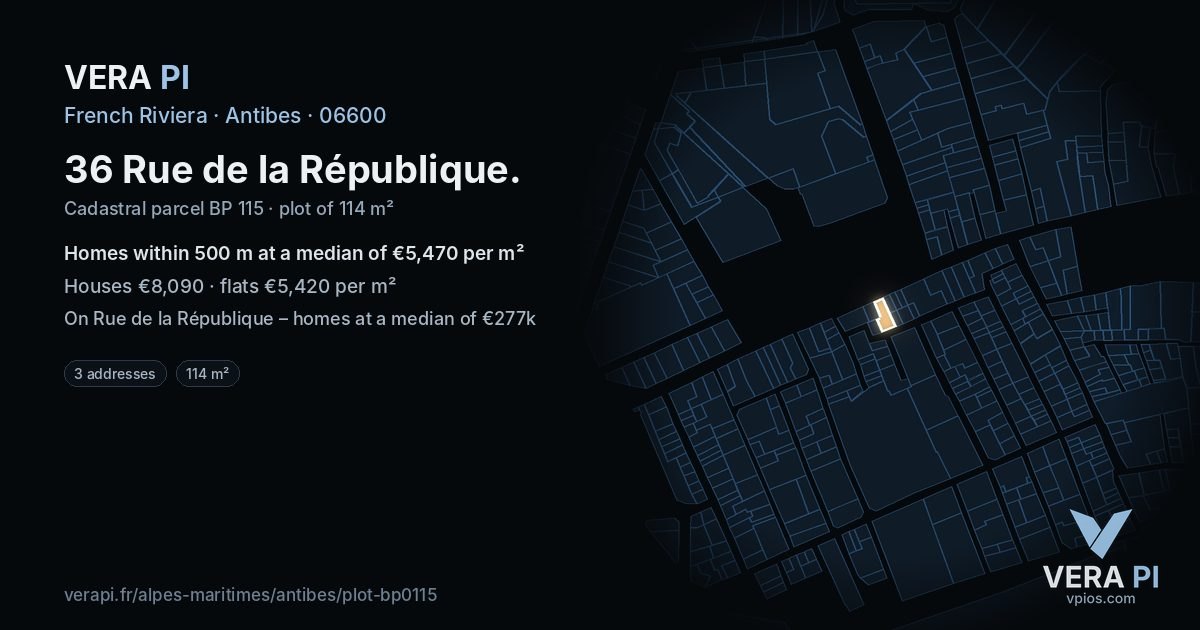 36 Rue de la République, Antibes at night – the plot lit, the parcels around coloured by the prices near them