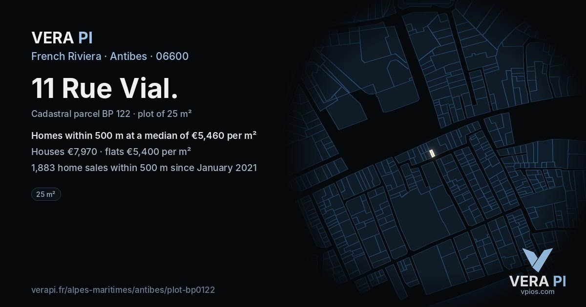 11 Rue Vial, Antibes at night – the plot lit, the parcels around coloured by the prices near them
