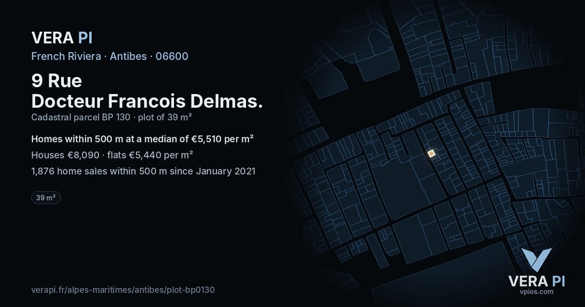 9 Rue Docteur Francois Delmas, Antibes at night – the plot lit, the parcels around coloured by the prices near them