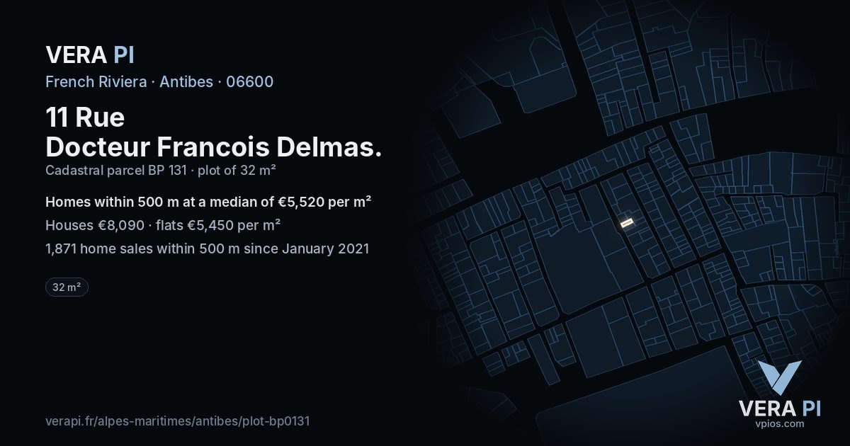 11 Rue Docteur Francois Delmas, Antibes at night – the plot lit, the parcels around coloured by the prices near them