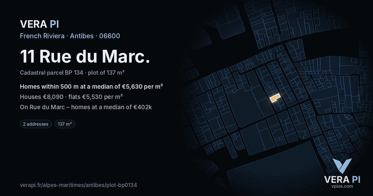 11 Rue du Marc, Antibes at night – the plot lit, the parcels around coloured by the prices near them