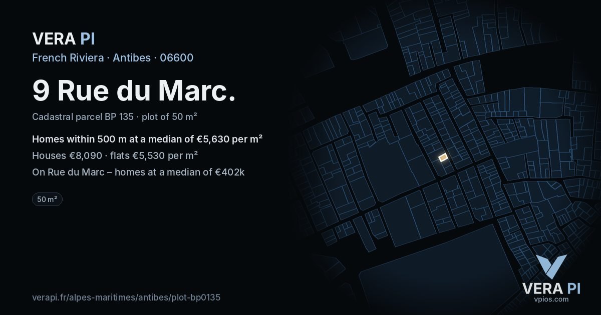 9 Rue du Marc, Antibes at night – the plot lit, the parcels around coloured by the prices near them