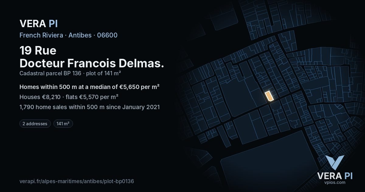 19 Rue Docteur Francois Delmas, Antibes at night – the plot lit, the parcels around coloured by the prices near them