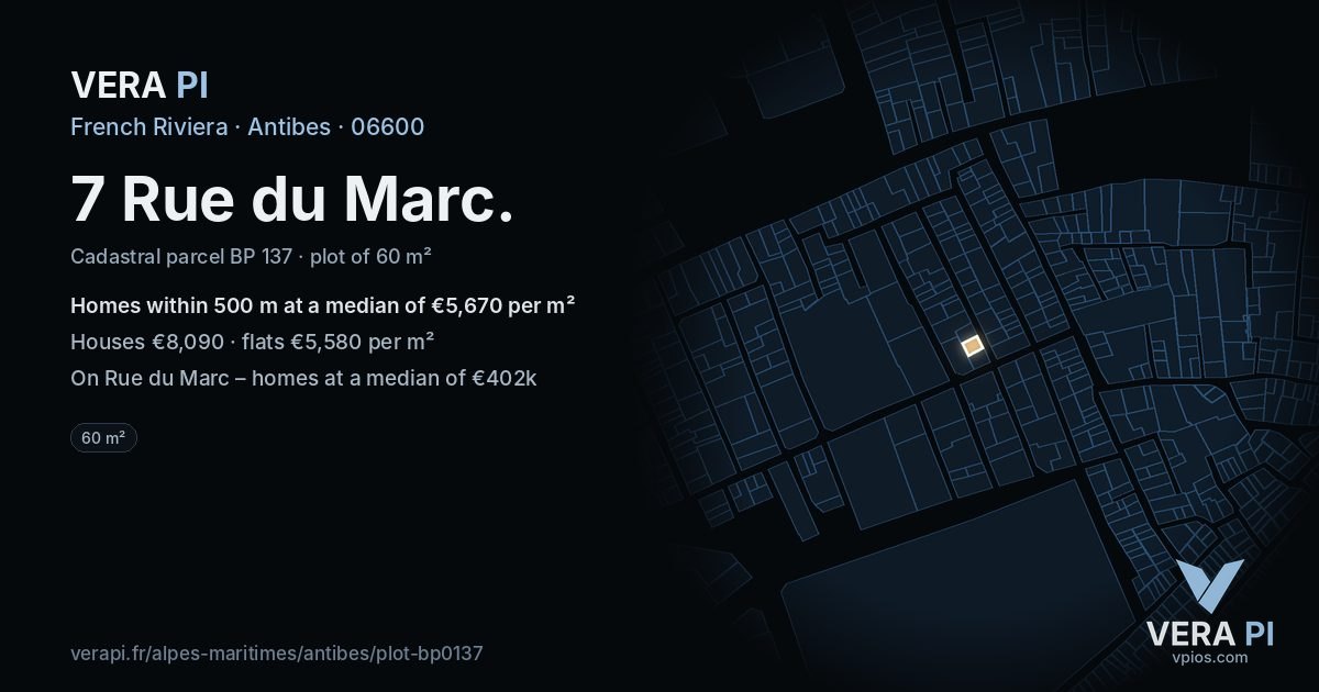 7 Rue du Marc, Antibes at night – the plot lit, the parcels around coloured by the prices near them