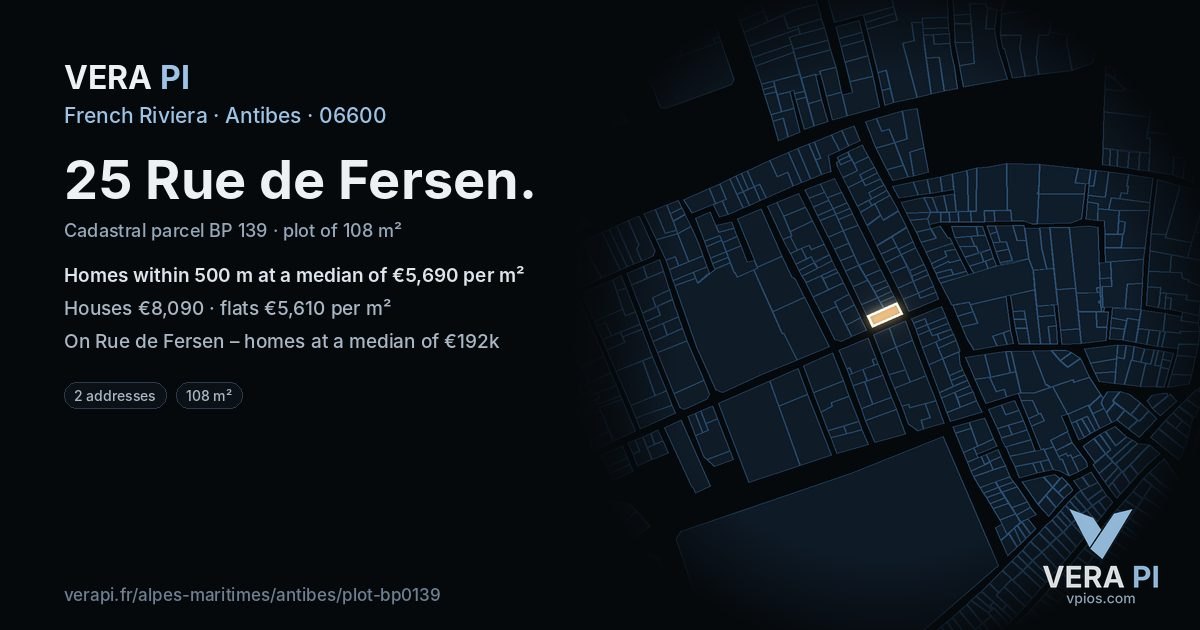 25 Rue de Fersen, Antibes at night – the plot lit, the parcels around coloured by the prices near them