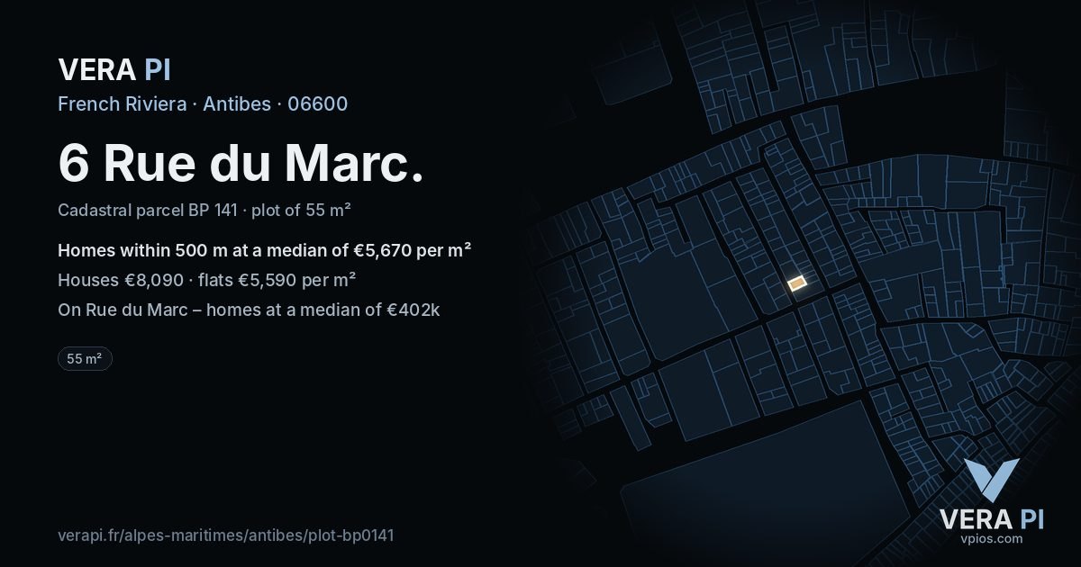 6 Rue du Marc, Antibes at night – the plot lit, the parcels around coloured by the prices near them