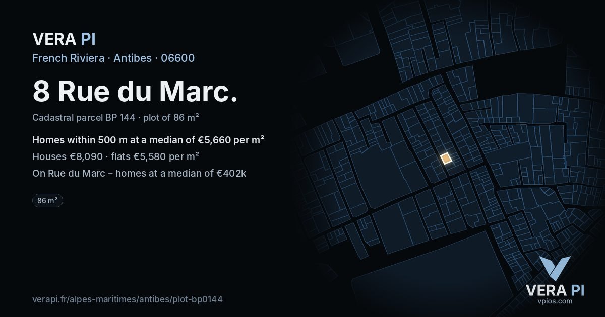 8 Rue du Marc, Antibes at night – the plot lit, the parcels around coloured by the prices near them