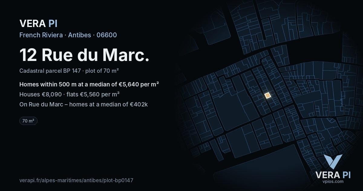 12 Rue du Marc, Antibes at night – the plot lit, the parcels around coloured by the prices near them