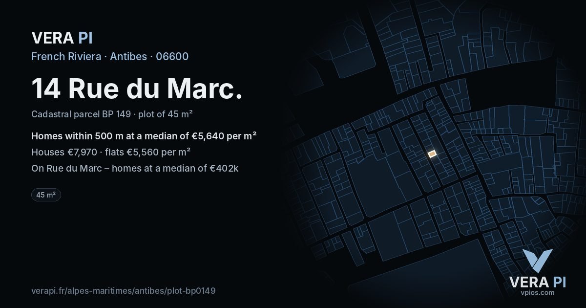 14 Rue du Marc, Antibes at night – the plot lit, the parcels around coloured by the prices near them