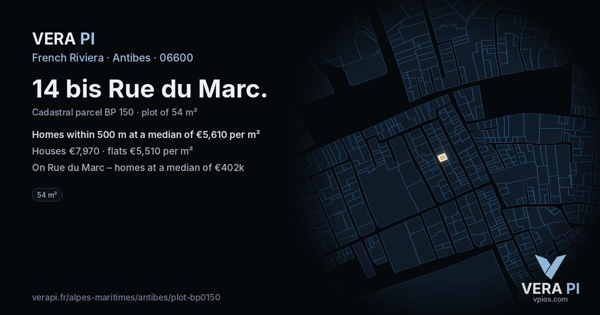 14 bis Rue du Marc, Antibes at night – the plot lit, the parcels around coloured by the prices near them