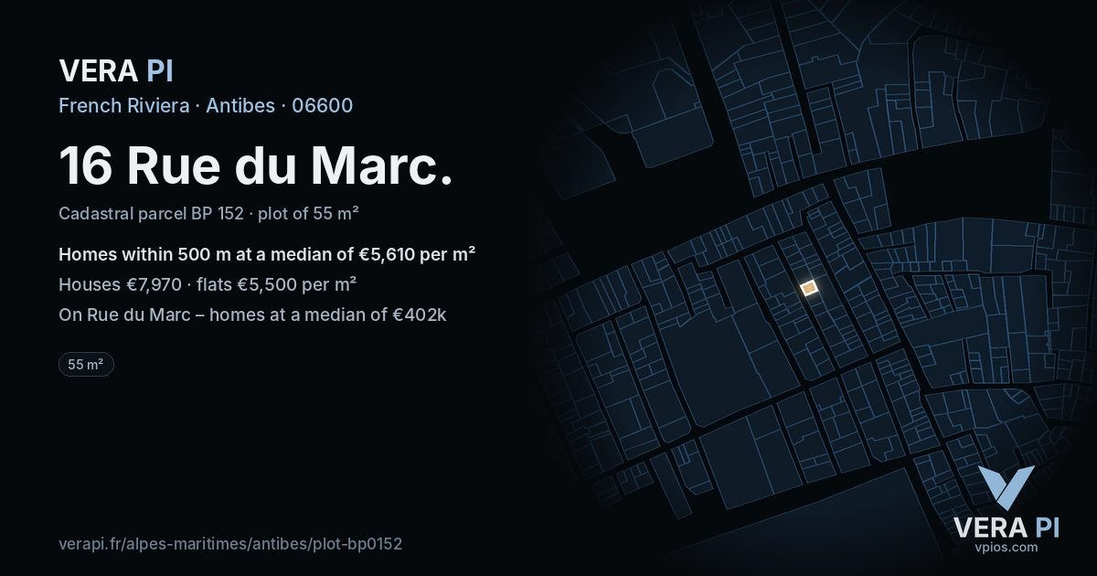 16 Rue du Marc, Antibes at night – the plot lit, the parcels around coloured by the prices near them