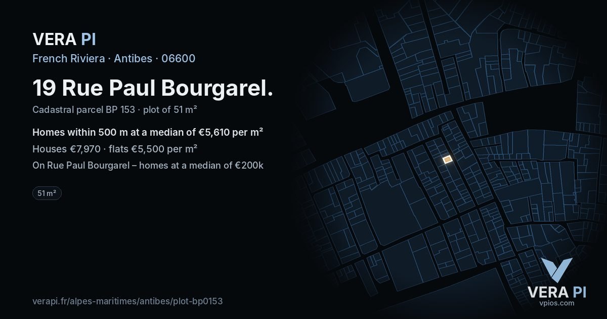 19 Rue Paul Bourgarel, Antibes at night – the plot lit, the parcels around coloured by the prices near them