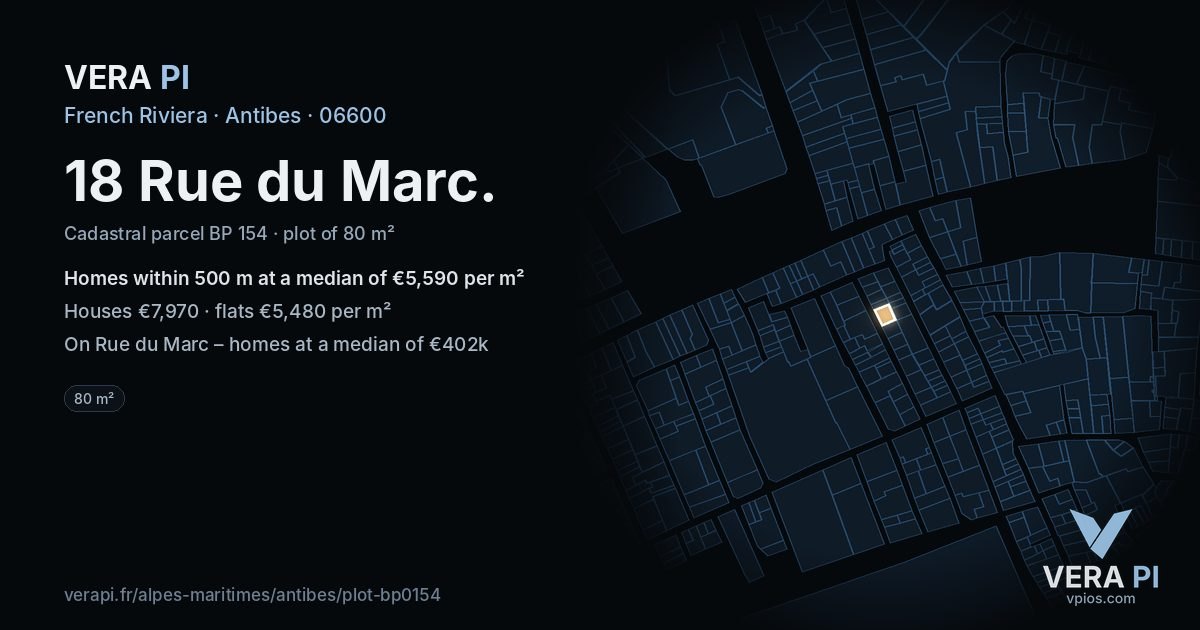 18 Rue du Marc, Antibes at night – the plot lit, the parcels around coloured by the prices near them