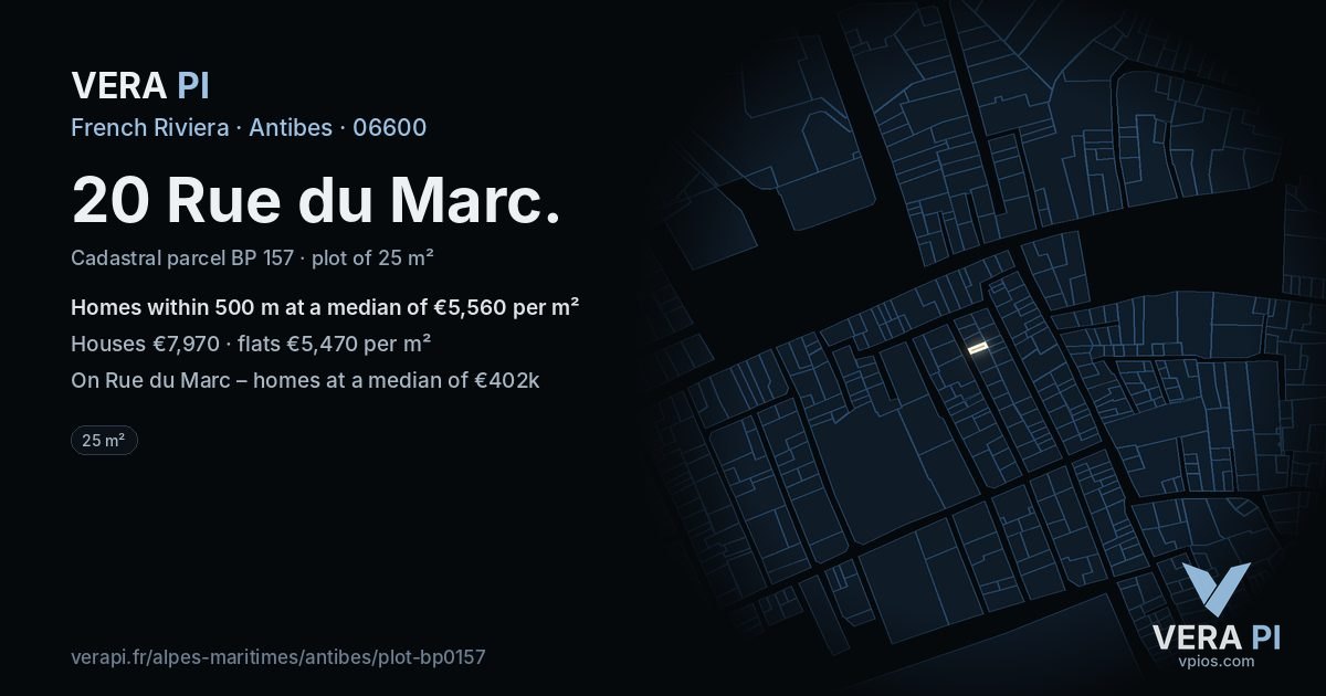 20 Rue du Marc, Antibes at night – the plot lit, the parcels around coloured by the prices near them