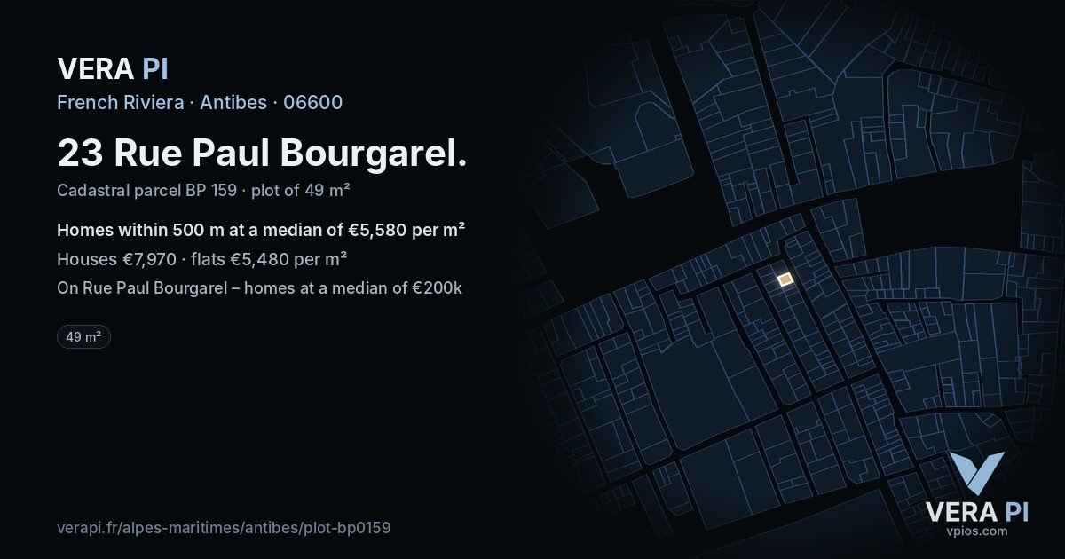 23 Rue Paul Bourgarel, Antibes at night – the plot lit, the parcels around coloured by the prices near them