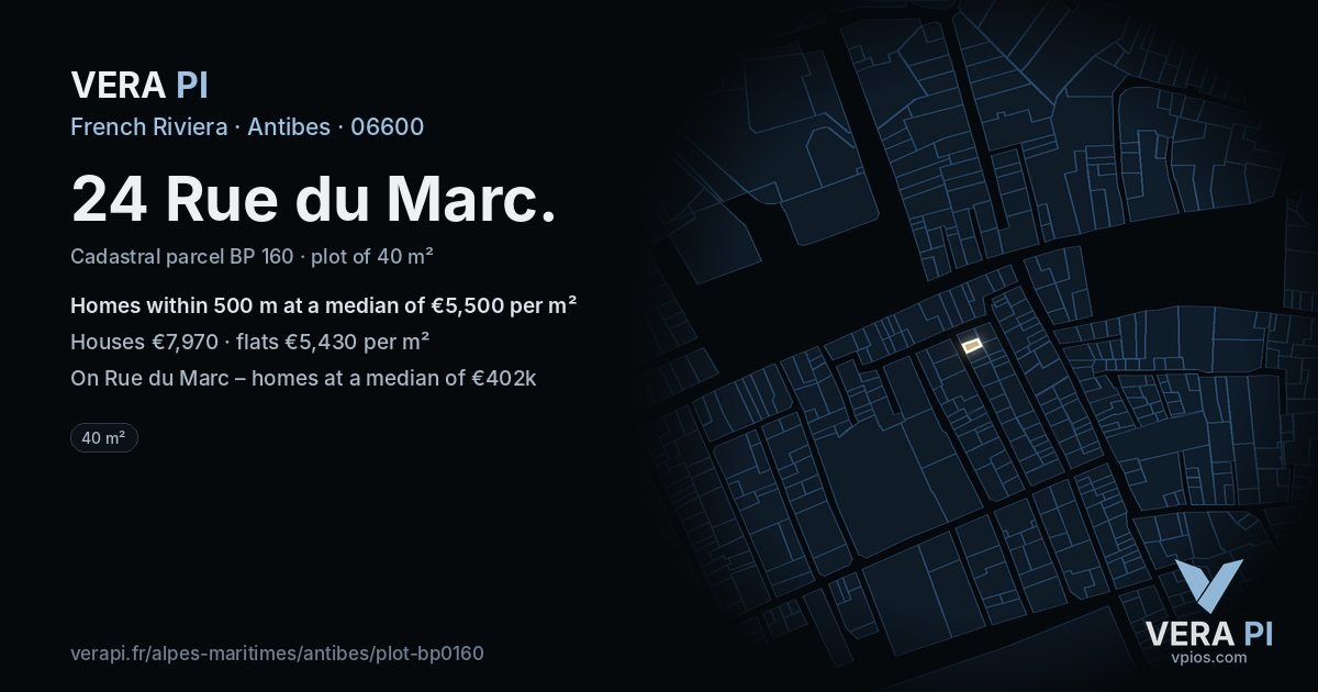 24 Rue du Marc, Antibes at night – the plot lit, the parcels around coloured by the prices near them