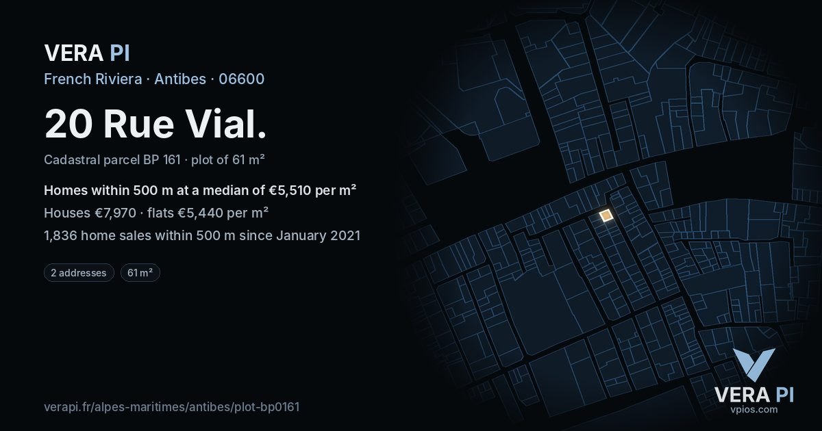 20 Rue Vial, Antibes at night – the plot lit, the parcels around coloured by the prices near them