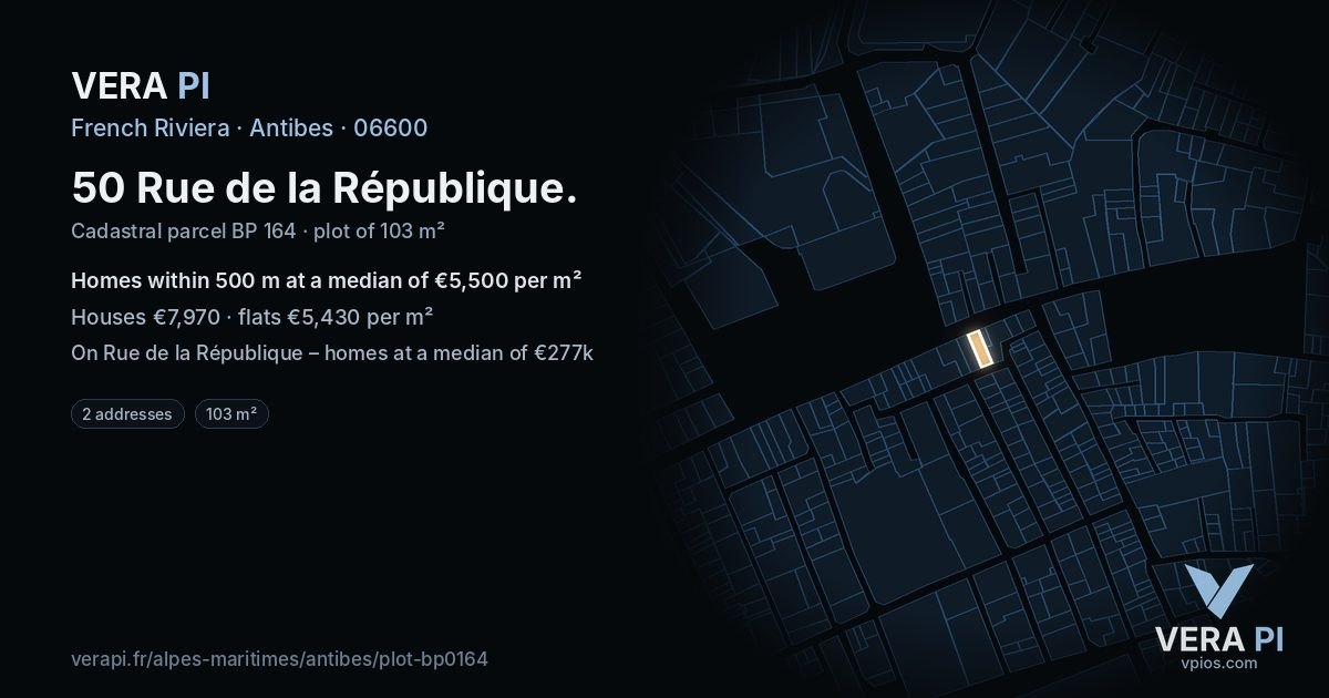 50 Rue de la République, Antibes at night – the plot lit, the parcels around coloured by the prices near them