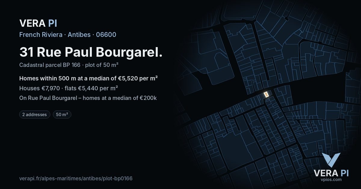 31 Rue Paul Bourgarel, Antibes at night – the plot lit, the parcels around coloured by the prices near them
