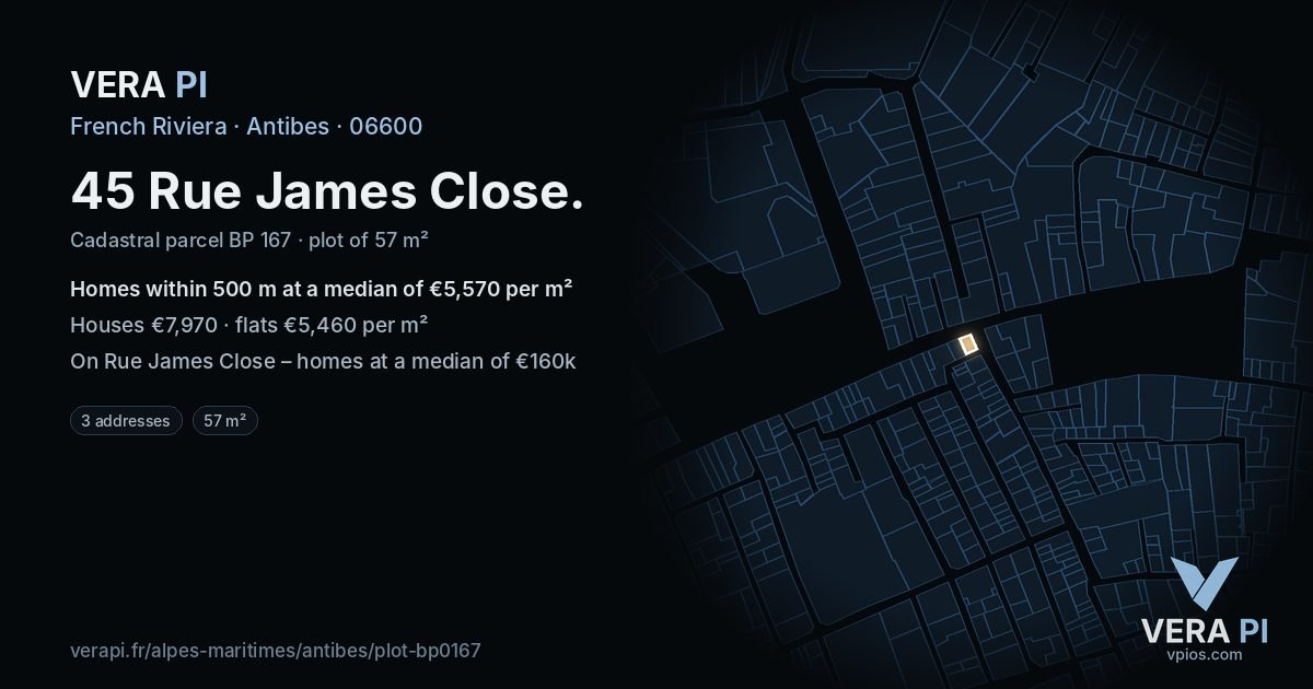 45 Rue James Close, Antibes at night – the plot lit, the parcels around coloured by the prices near them