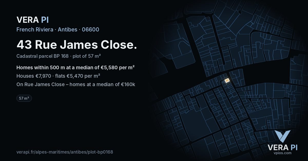 43 Rue James Close, Antibes at night – the plot lit, the parcels around coloured by the prices near them