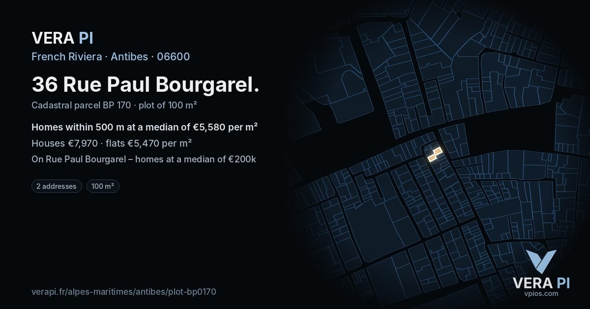 36 Rue Paul Bourgarel, Antibes at night – the plot lit, the parcels around coloured by the prices near them