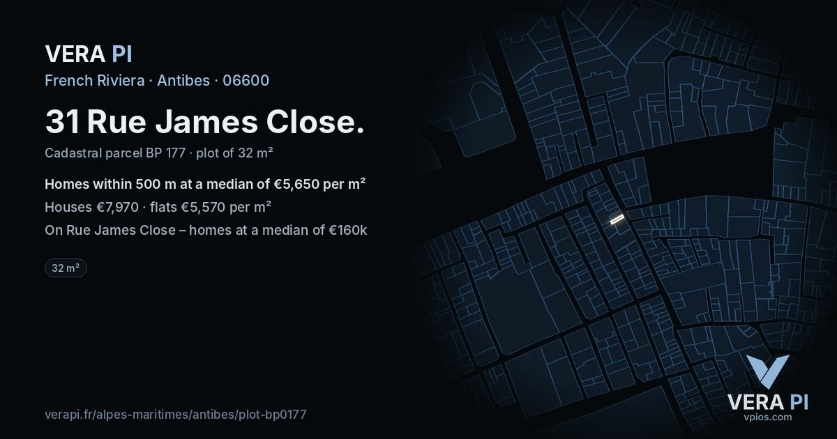 31 Rue James Close, Antibes at night – the plot lit, the parcels around coloured by the prices near them