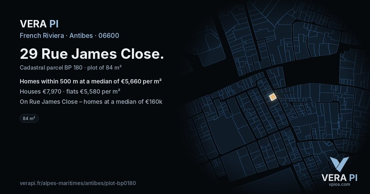 29 Rue James Close, Antibes at night – the plot lit, the parcels around coloured by the prices near them